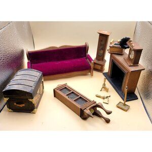 Vintage Dollhouse Furniture Set Sofa Fireplace Clock Chest Gramaphone Wood dh912